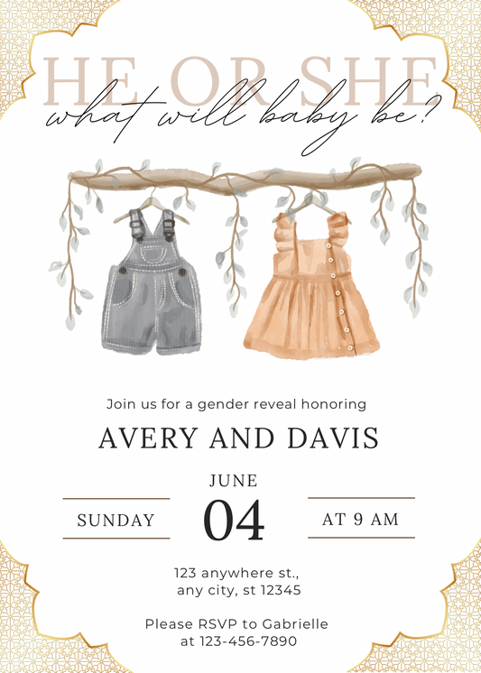 He or She Gender Reveal Invitation Template | Editable Gender Reveal Invite